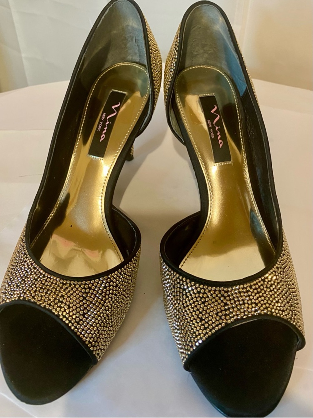 Nina Black & Gold Crystal Open-Toe Heels